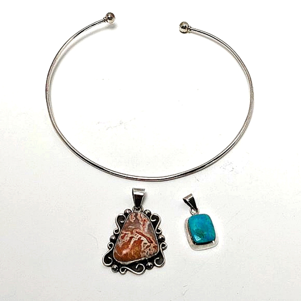 Combo - Crazy Lace Agate pendant, Turquoise pendant and sterling silver choker